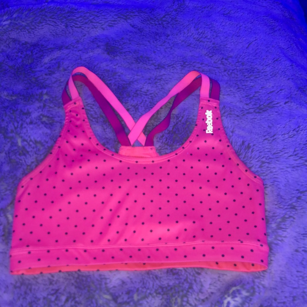 reebok pink and black poka dot sports bra